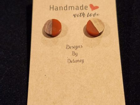 Burnt orange and wood stud earrings on Sale