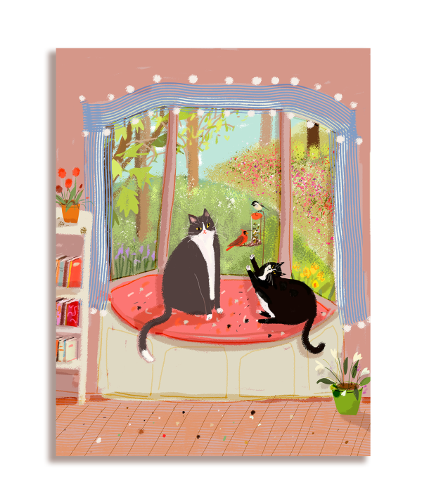 Bird Watchers Cat Card- Spring Card For Sale